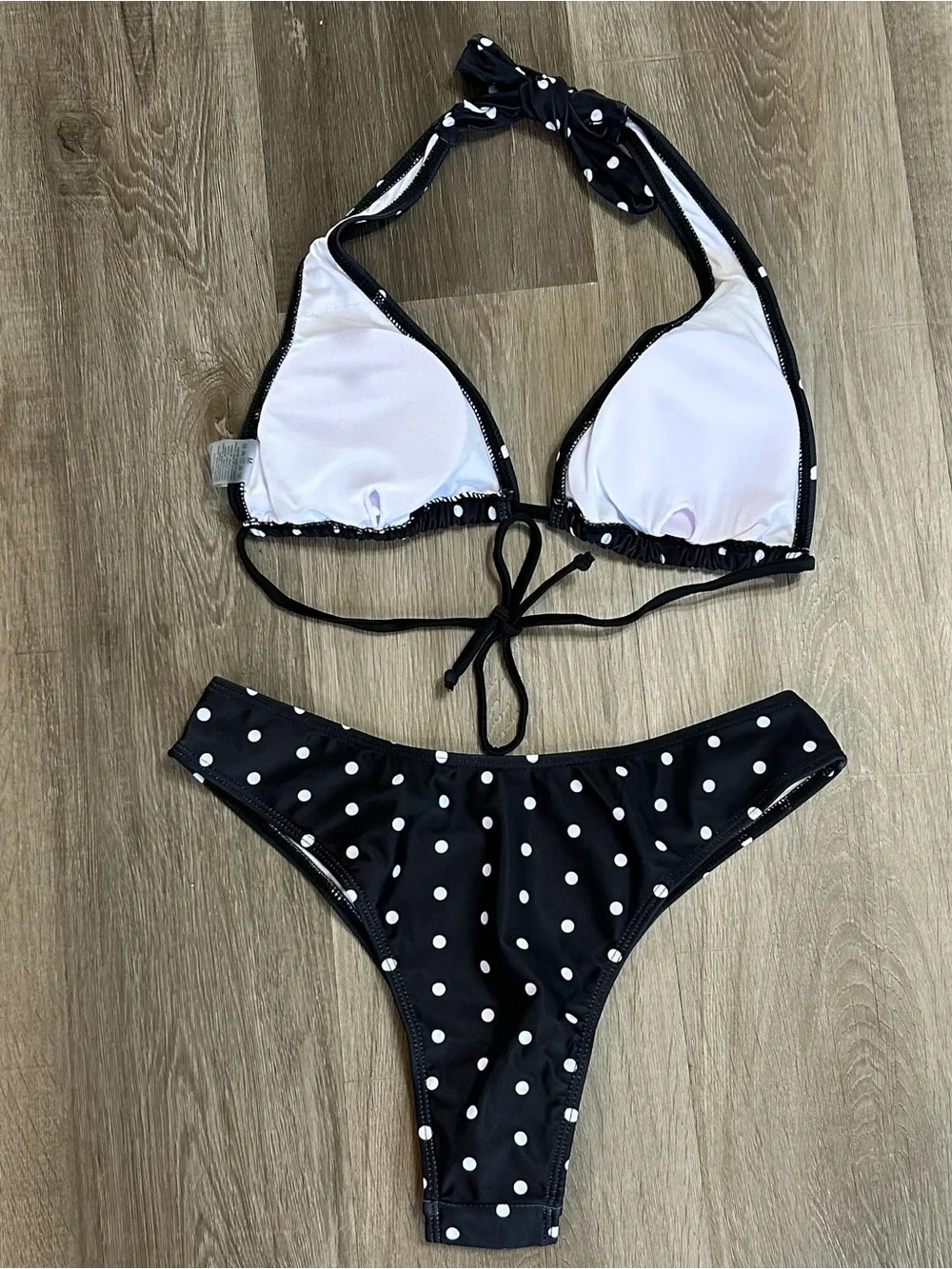 Black White Polka Dot Halter Triangle Bikini Set High Cut Thong Bottoms Size M